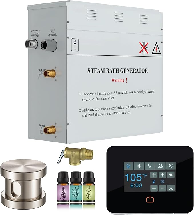 Builders Series 4.5kW Steam Bath Generator with Quickstart Continuous Steam, Black Digital Touch Pad, Built-in Auto-Drain, and Aroma Steamhead in Brushed Nickel