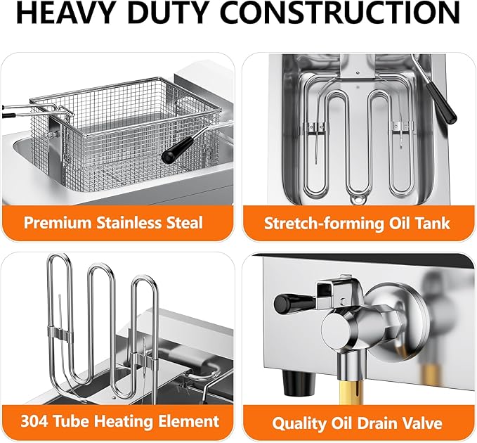 TANGME Deep Fryer with Drain Valve System, 1800w Countertop Electric Fryer 10.7Q/10L Stainless Steel Oil Fryer with Basket,Temp & Time Control