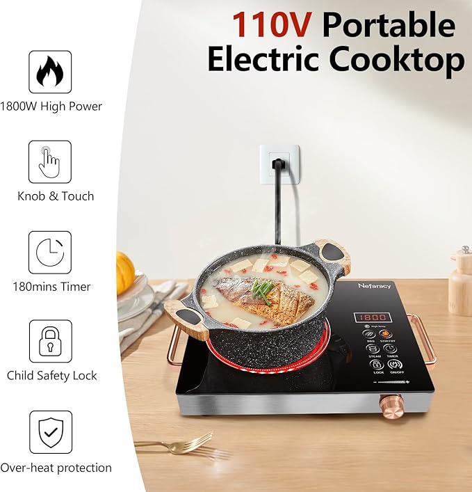 Single Burner Electric Cooktop 110V, Nefaracy Portable Electrical Stove 1800W Electric Burner Portable with Handle Touch Control & Knob Control, Timer, Safety Lock(Plug in)