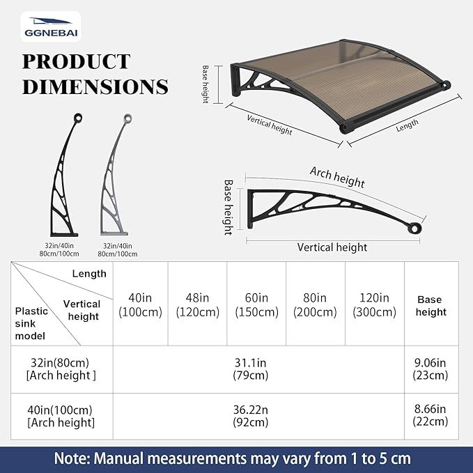 Awning for Door Entrance with Drainage Sink,40x80 Inch Awnings for Doors,Window Canopy Exterior with Plastic Steel Bracket,Polycarbonate Cover,UV,Rain,Snow Protection for House,Porch,Patio,Deck