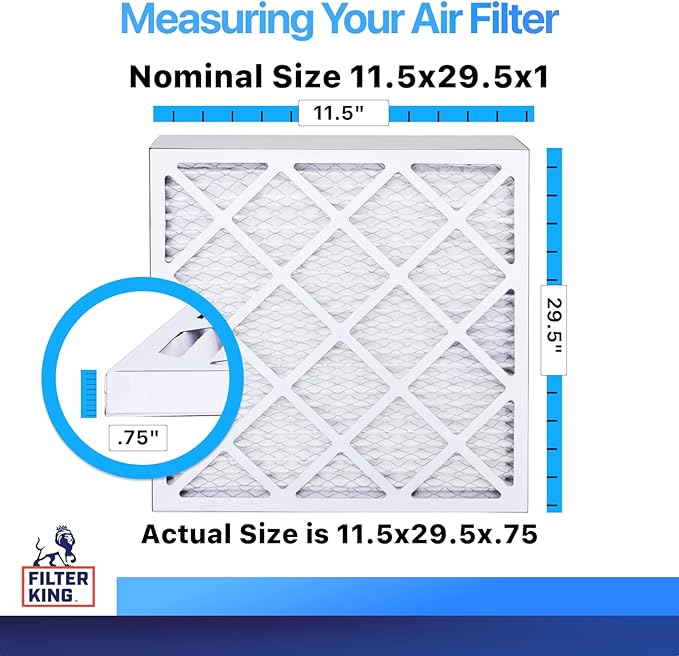 Filter King 11.5x29.5x1 Air Filter | 3-PACK | MERV 8 HVAC Pleated A/C Furnace Filters | MADE IN USA | Actual Size: 11.5 x 29.5 x .75"