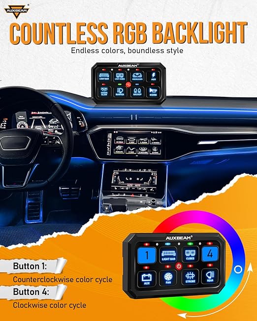Auxbeam 8 Gang Switch Panel RA80 XL RGB 5 Inch Panel, 1" Larger Button Momentary Pulsed Toggle Switch Panel for Offroad SUV ATV UTV Truck Car Marine Boat, 2-Year Warranty