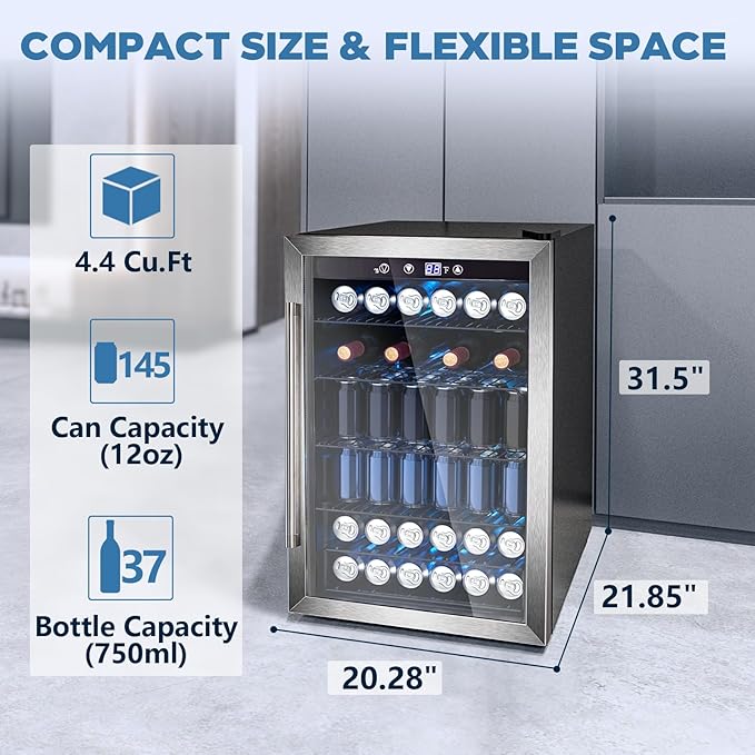145 Can Beverage Refrigerator, 37 Bottle Wine Fridge with Smart Temperature Control, 4.4 CU FT Quiet Freestanding Mini Fridge with Child Lock Panel for Family Restaurant Bar