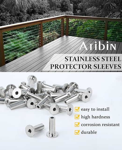 Atibin Rope Wood Railing Sleeves Protector Stainless Steel Railing Sleeves Protective Cable Handrail Railing Sleeves Wire 1/8inch 30pcs