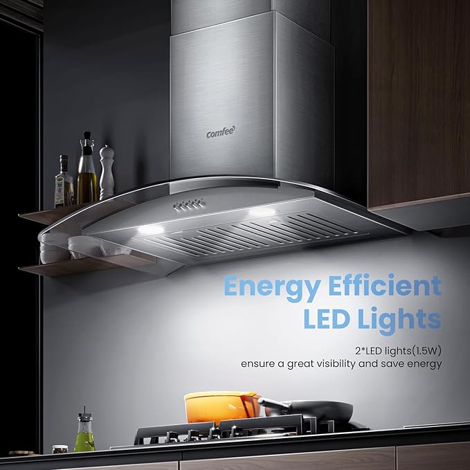 COMFEE' CVG30W8AST 30 Inches Ducted Wall Mount Vent Range Hood with 450 CFM 3 Speed Exhaust Fan, Baffle Filters, Curved Glass, 2 LED Lights, Convertible to Ductless, Stainless Steel