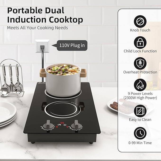 VBGK Double Induction Cooktop,110V 2300W 2 burner induction cooktop,2 burner Hot Plate Electric burner with LCD Touch Screen 9 Levels Settings Child Safety Lock & Timer