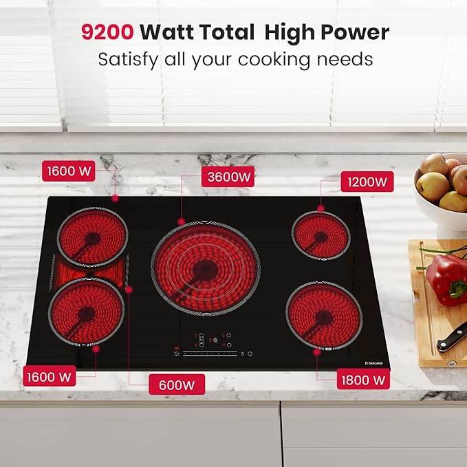 GASLAND 36 Inch Electric Cooktop, 5 Burners Glass Stove Top, ETL & FCC Certificated, 9200W Built-in Radiant Ceramic Cooktop, Slide Touch Control, Child Safety Lock, Hot Surface Indicator, 240V