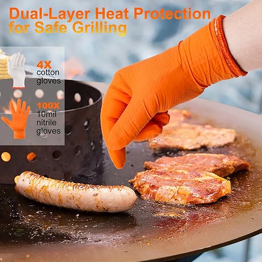 BBQ Gloves for Grilling Disposable Heat Resistant - 100 Nitrile Gloves + 4 Reusable Cotton Liners for Cooking Smoker -Orange XXLarge