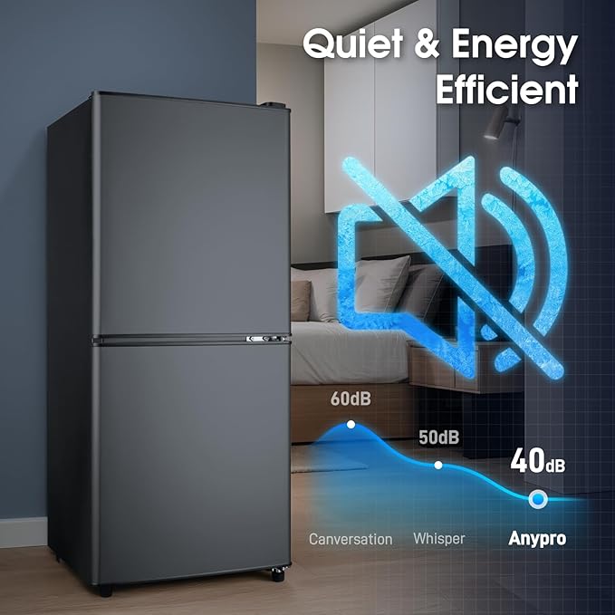 Fridge with Bottom Freezer and Drawer, 4.0 Cu.Ft Double Door Refrigerator with 7 Adjustable Temperature Settings for Bedroom, Dorm, Office, Apartment, Large Capacity, Black