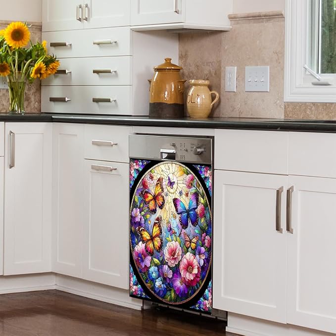 Spring Butterfly Dishwasher Magnet Cover Butterfly Rainbow Animal Dishwasher Decorative Cover Front Dishwasher Door Cover Reuseable Dishwasher Cover Panel Decal for Kitchen Home Appliances 23" X 26"