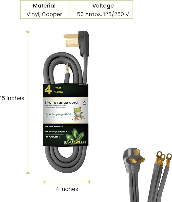 Go Green Power GG-27004 4' 3 Wire Range Cord, 30 Amp