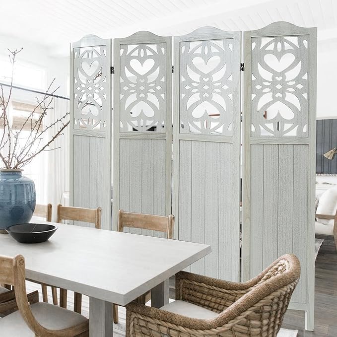 4 Panel Room Divider 5.6FT Wood Carved Room Divider Folding Privacy Screen with Double Hinges, Free Assembled Portable Partition Screen Divider for Room Separation Home Office - Retro White