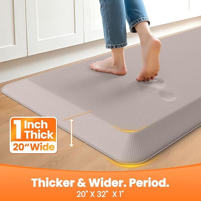 Kitchen Mats for Floor, 1 Inch Extra-Thick Kitchen Rugs, Non-Slip & Waterproof Standing Desk Mat, Comfort Anti Fatigue Mats for Kitchen Floor, Home, Sink, Office (20" X 32", Khaki)