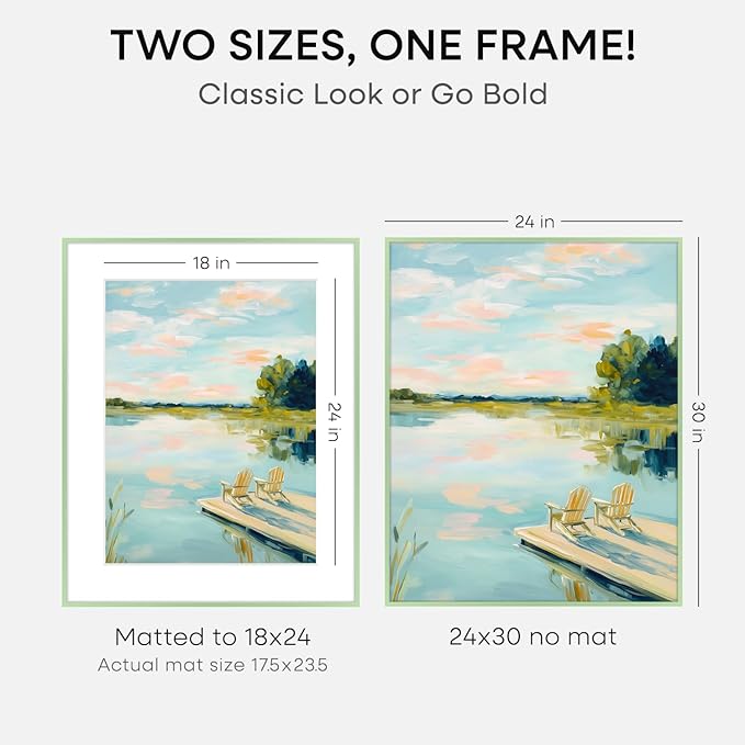 Homeforia 24x30 Frame Sage Green, High End Metal 24x30 Picture Frames with Mat 18x24 Photo, 24 x 30 Sage Green Poster Frame Matted to 18 by 24 Art, 30x24 Thin Frame, Tempered Glass, Wall Kit, Set of 2
