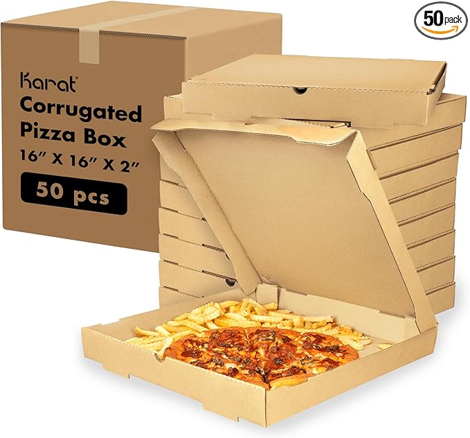 Karat Pizza Boxes 16" x 16" x2" [50 Pack] Kraft Corrugated Boxes | Ventilated, Grease-Resistant, Durable for Pizza or Shipping Use