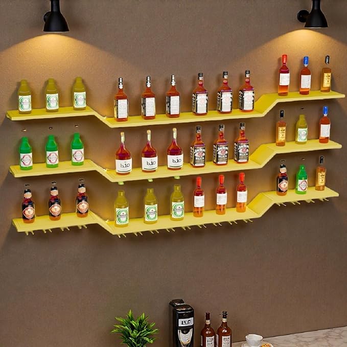 39.4" Wall Mounted LED Wine Rack, 3-Tier Floating Bar Shelves, Large Liquor Shelf with Wine Glass Rack, Large Bar Rack Wall Mounted for Liquor Bottles, Home Bar, Dining Room or Cafe, Gold