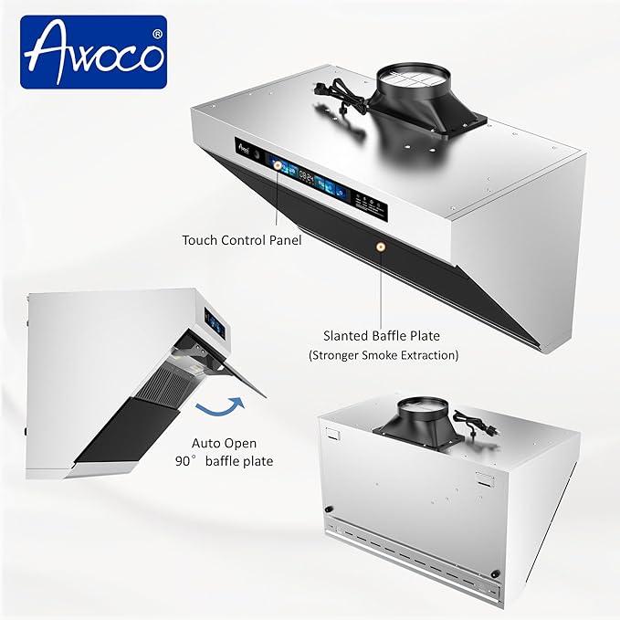 Awoco 30" Under Cabinet Range Hood, Side-Draft Design, 4 Speeds Exhaust Fan with 800 CFM, Voice, Gesture, Touch & Remote Control, 6" Vent, Dimmable LED Light Bars