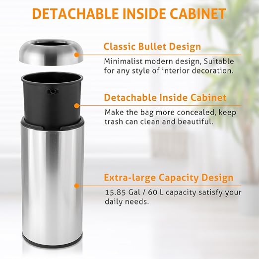 WICHEMI 16 Gallon Commercial Large Trash Can, Bullet Outdoor Trash Bin with Open Top Lid, Brushed Stainless Steel Garbage Can, Bright Silver