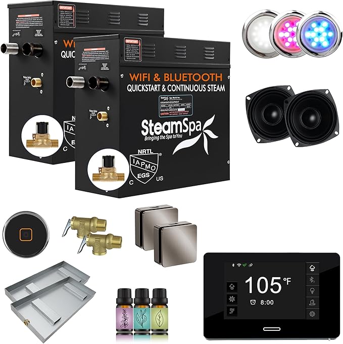 SteamSpa Steam System 18kW Steam Shower Generator with Bluetooth Wifi, Quickstart Continous Steam, Advanced Touch Pad Screen, Chroma Lights, Drain Pan and Auto Drain Brushed Nickel RVBS1800BN-A