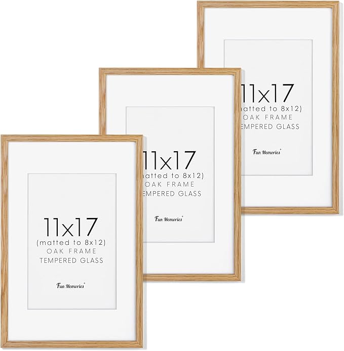 11x17 Picture Frame Set of 3, Solid Oak Wood Photo Frames 11"x17", 11 by 17 Poster Frames for Wall, 11 x 17 Frame with Mat for 8 x 12, Tempered Real Glass, 11x17 Inch Wood Frames (Oak Color, 3 Pack)