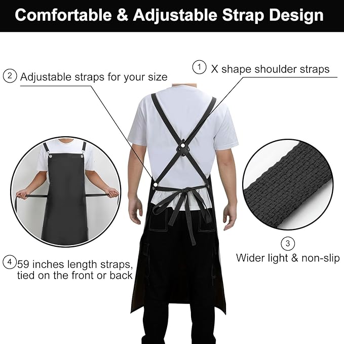 Waterproof Rubber Apron, 43" Anti-Tear Heavy Duty Vinyl Adjustable Thicker Cross Back Dishwasher Apron for Restaurant Dishwashing, Butcher, Lab Work, Dog Grooming Black