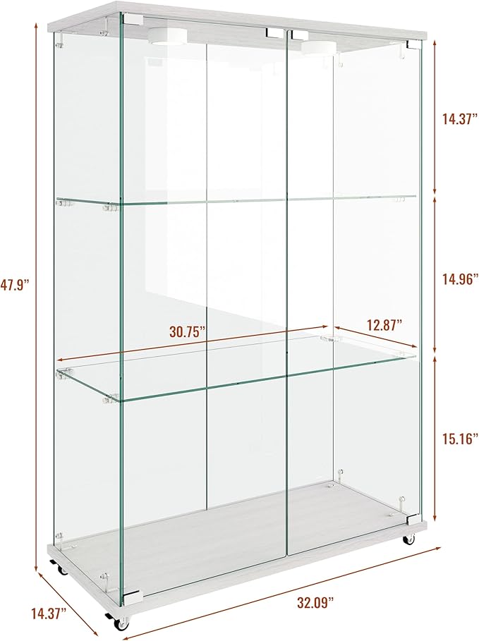 Yoluckea 3-Shelf Glass Display Cabinet with LED Lights, 2-Door Floor Standing Curio Cabinet with Universal Wheel for Home or Office, White Glass Bookshelf for Collections, Decor, and Corner Display