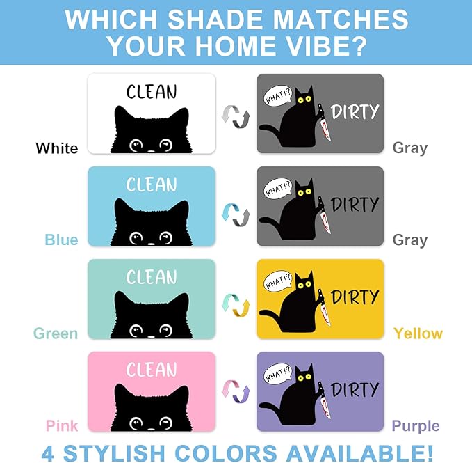 Funny Black Cat Cartoon Clean Dirty Dishwasher Magnet, Washing Machine Magnets Flip, Cute Cat Refrigerator Clean Dirty Sign, Double Sided Reversible Non Scratch Dish Washer Magnet Sign (Green&Yellow)