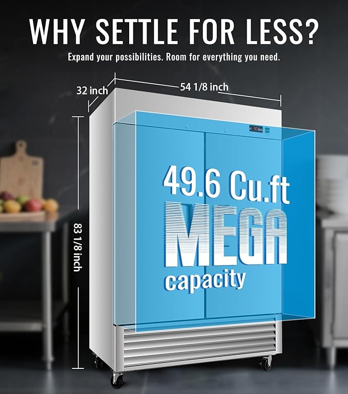 54" W Commercial Refrigerator, 49.6 Cu.ft Reach-In Double Door Stainless Steel commercial fridge, 6 Shelves, Fan Cooling, Auto Defrost, Digital Thermostat - Ideal for Restaurant, Bar, Cafe, Shop