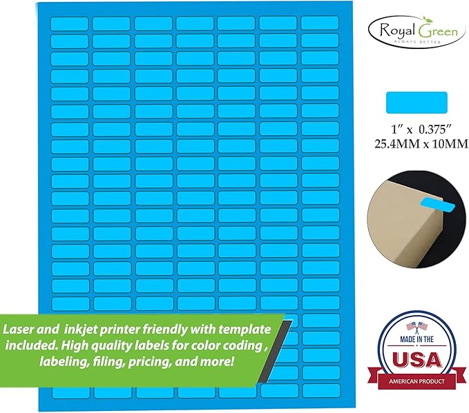 Small Rectangular Labels Printable Stickers for Injket Printers in Blue, Small Matte Labels 1 inch x 0.375 inch for Laser Printers with Template Included - 1078 Pack
