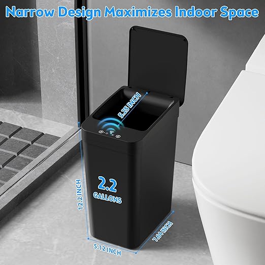 Bathroom Trash Can with Lid, KOEYLE 2 Pack 2.2 Gallon Automatic Touchless Garbage Can, Small Motion Sensor Smart Trash Can, Slim Waterproof Trash Bin for Bedroom, Bathroom, Office, Living Room (Black)
