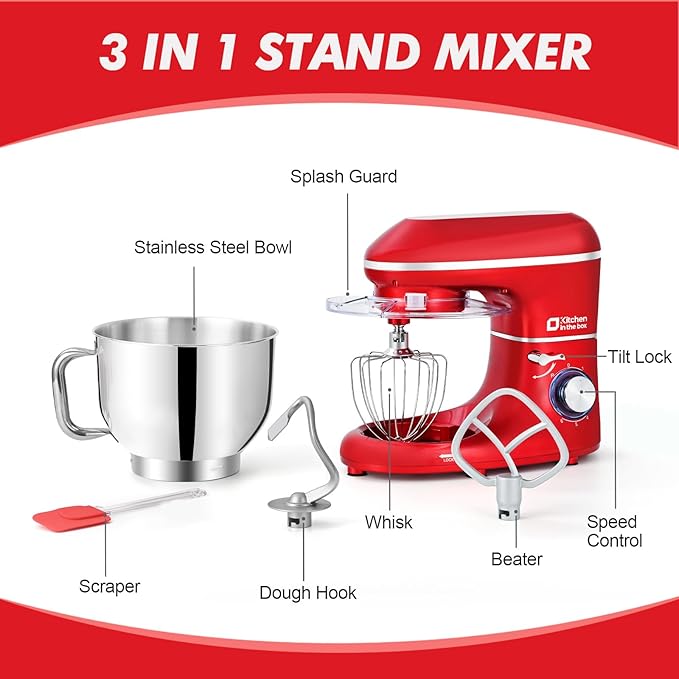 Kitchen in the box Stand Mixer, 6.5QT 660W Kitchen Electric Mixer, 6-Speed Tilt-Head Food Mixer with Dough Hook, Wire Whip and Beater (Red)
