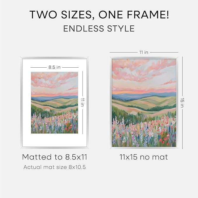 Homeforia 11x15 Picture Frame Silver, High End Metal 11x15 Frames with Mat 8.5x11, 11 x 15 Silver Poster Frames Matted to 8.5 x 11 inch Photo, 11by15 Hanging Frames, Tempered Glass, Wall Kit, Set of 2