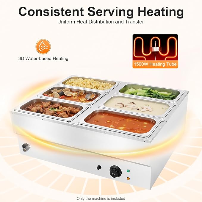 6-Pan Commercial Food Warmer 6.7L/1.77Gal Countertop Electric Steam Table 1500W Electric Food Warmer 86-230℉ Temp Control for Catering and Restaurant 26.97 x 21.26 x 11.22in