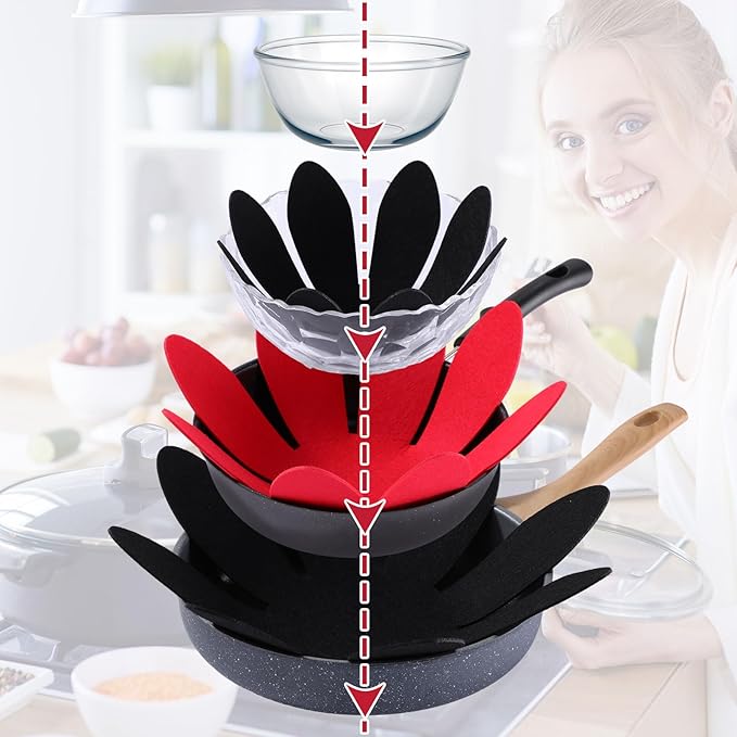 Queekay 12 Pcs Felt Pot and Pan Protectors 12/14/16 Inch Larger Thicker Pan Protector Pads, Colorful Pot Separators for Stacking Cookware Organizing Protecting(Black Red)