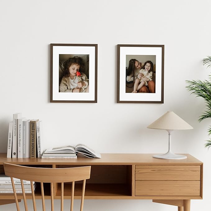Vittanly 11x14 Picture Frame Set of 2, Solid Wood Frame for Wall Art Photo and Prints, Display Photo 8x10 with Mat or 11x14 without Mat, Brown