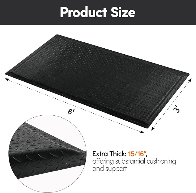 Nisorpa Anti Fatigue Mats Industrial 3' x 6' Ergonomic Standing Mat 15/16" Extra Thick Cushioned Shop Floor Mats Kitchen Mats Heavy Duty Commercial Diamond Plate Support for Leg & Back Pain, Black