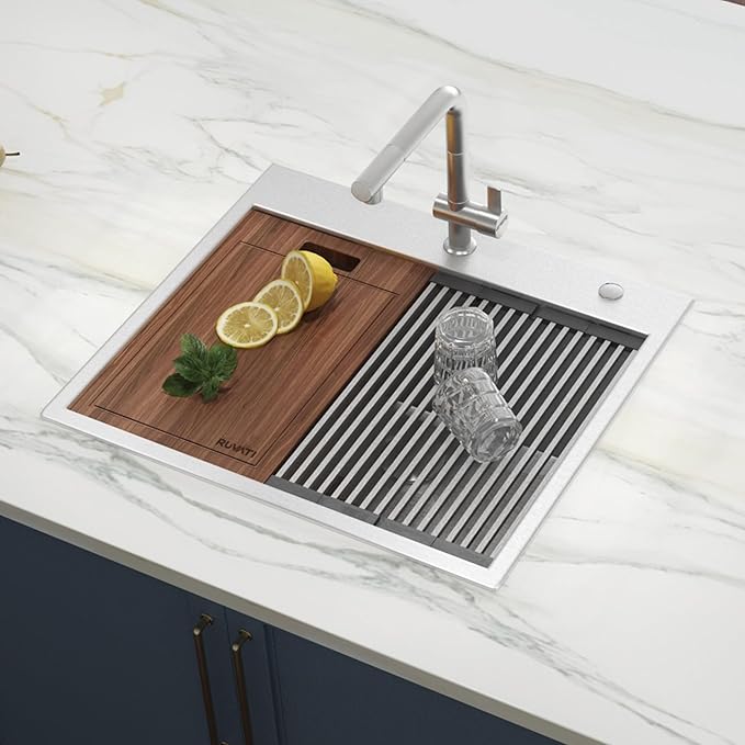 Ruvati 25 x 22 inch Workstation Drop-in Tight Radius Topmount 16 Gauge Stainless Steel Ledge Kitchen Sink Single Bowl - RVH8023