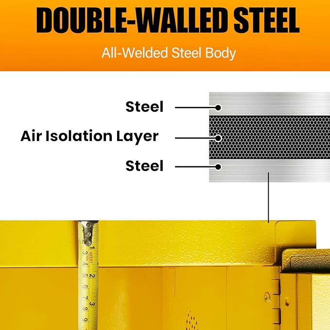 Flammable Storage Cabinet 90 Gallon Yellow, Galvanized Steel Large-Capacity Fire Resistant Cabinet, Dual Vents & 3-Point Lock for Warehouses, Industrial Use & Residential Garages