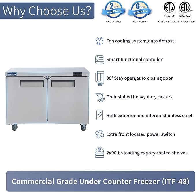 ICECASA 48" W Commercial Freezer Worktop Undercounter Freezer Single Door Stainless Steel Counter Fan Cooling 13 Cu.ft for Restaurant, Bar, Shop, etc