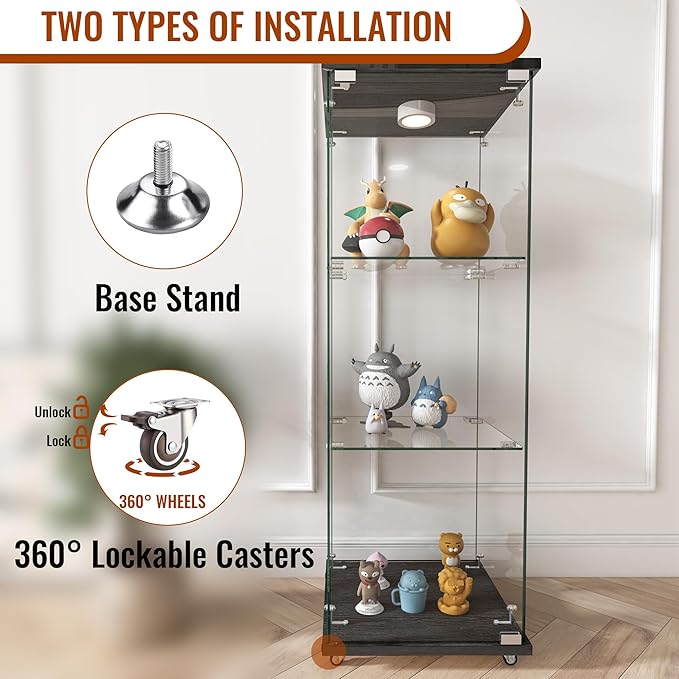 Yoluckea 3-Shelf Glass Display Cabinet with LED Lights, 1-Door Floor Standing Curio Cabinet with Universal Wheel for Home or Office, Black Glass Bookshelf for Collections, Decor, and Corner Display