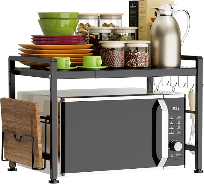 Extendable Microwave Oven Rack - Adjustable Kitchen counter shelf, 2 Tier Microwave Stand (L15.7~23.6" xW12.8 xH17.7) with 6 Hooks for Kitchen Countertop Organizer (Black)