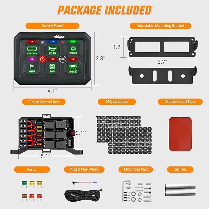 Nilight 6 Gang Switch Panel Green Circuit Control Relay System with Fuse Wiring Harness Toggle Momentary Strobe Flash Modes Automatic Dimmable ON Off Pod 12V 24V for Car Truck Camper SUV