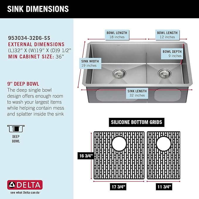 DELTA FAUCET Delta Lenta 32-inch Undermount 16 Gauge Stainless Steel Double Bowl Kitchen Sink with Accessories, 953034-32D6-SS, Satin, 32 Inch - Double Bowl