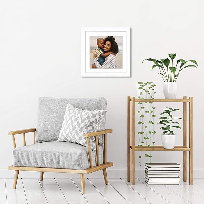 Americanflat 12x12 Picture Frame with Shatter-Resistant Glass - Use as 8x8 Frame with Mat or Display 12x12 Photo Without Mat - Signature Collection - Square Frames for Wall Display - White