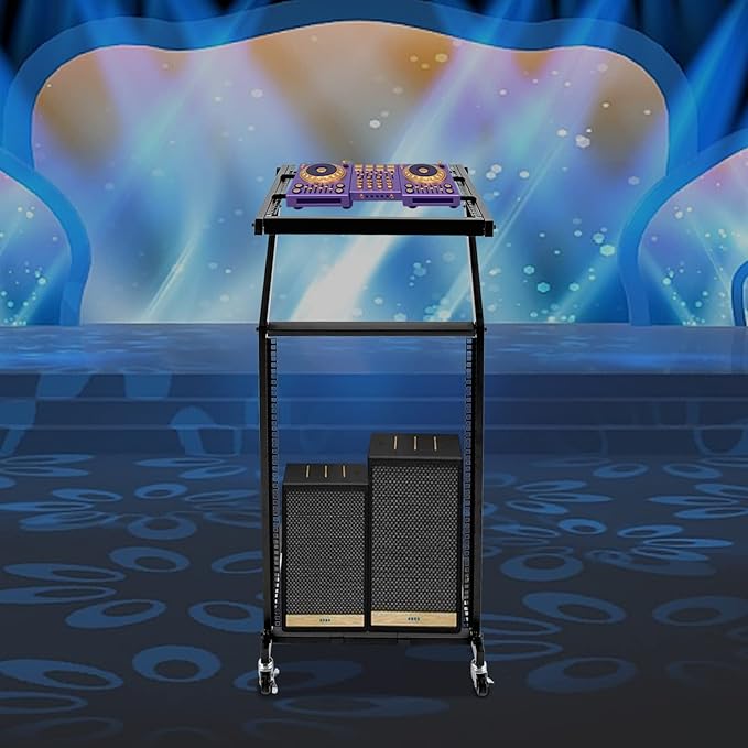 DJ Mixer Stand, 2-Layer Audio Device Rack with 4 Wheels, Audio Studio Mixer Stand for Homes Offices Stage Concert Studio Equipment Rolling Stage Cart (16U)