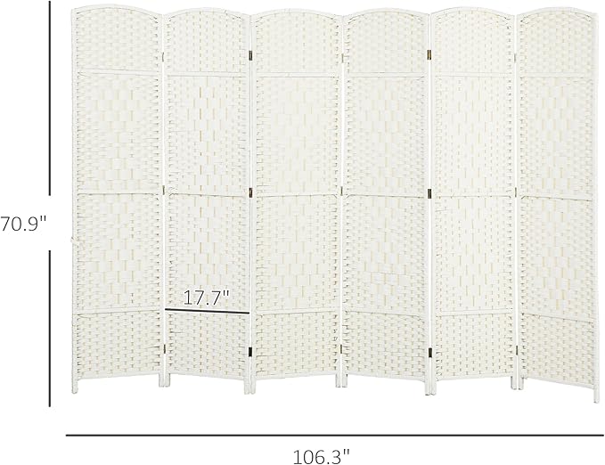 HOMCOM 6 Panel Room Divider, 6' Tall Folding Privacy Screen, Woven Freestanding Wall Partition for Home Office, Bedroom, White