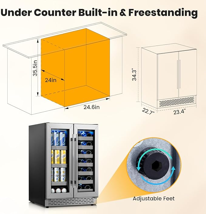 Wine and Beverage Refrigerator,24 inch Dual Zone Upgrade Compressor Wine Cooler 20 Bottle & 88 Cans,Built in or Under Counter Wine Fridge with Glass Door for Bar and Home