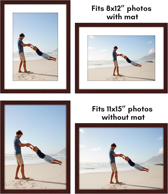 Americanflat 11x15 Picture Frame with Polished Plexiglass - Set of 5 - Use as 8x12 Frame with Mat or Display 11x15 Photo Without Mat - Galleria Collection - Picture Frames for Wall Display - Mahogany