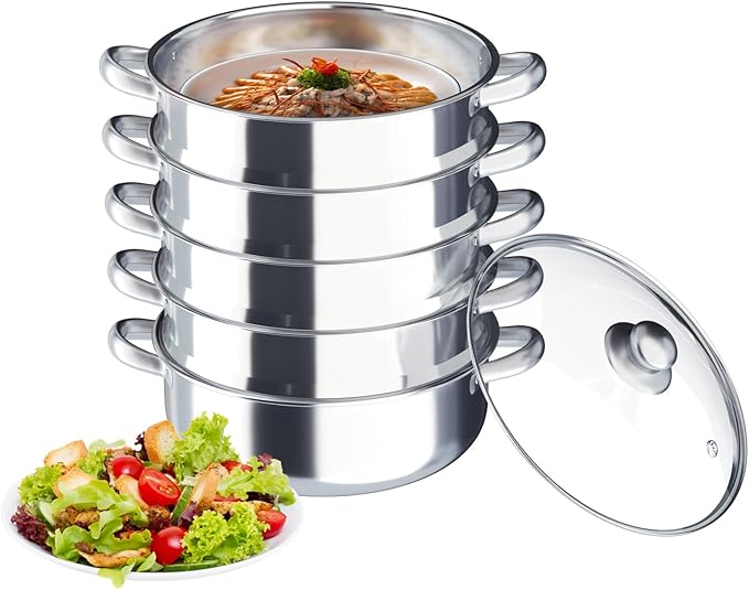 5-Tier Food Steamer Pot for Cooking, Stainless Steel Steamer Pot with Transparent Lid, Stackable Steaming Pots Steam Cooker Cookware for Dumpling Seafood, Compatible with Gas/induction Stove (11.81in Diameter)