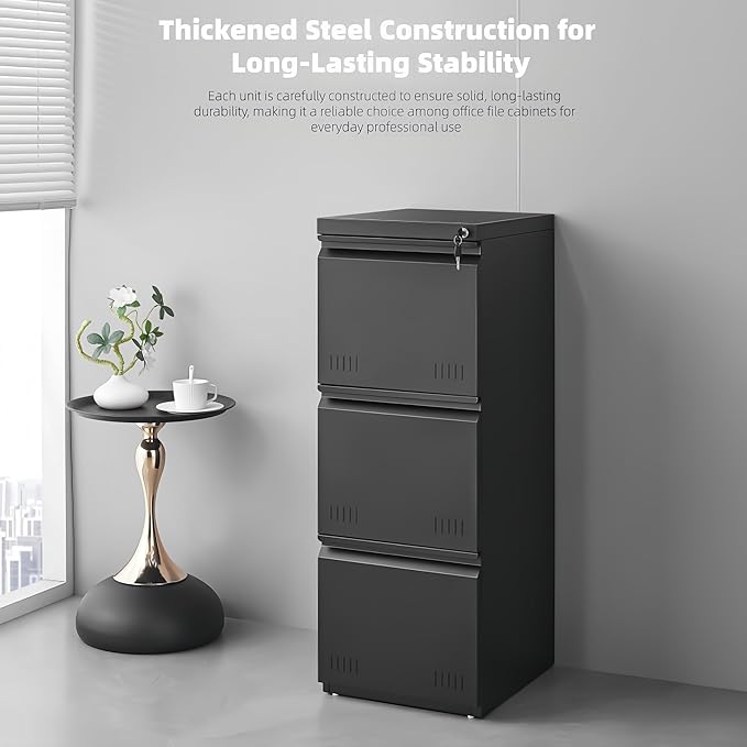Vertical 3 Drawer File Cabient with Lock, Metal Filing Cabinets for Home Office, Heavty Duty Office Storage Cabinet for A4/Letter/Legal (Matte Black)